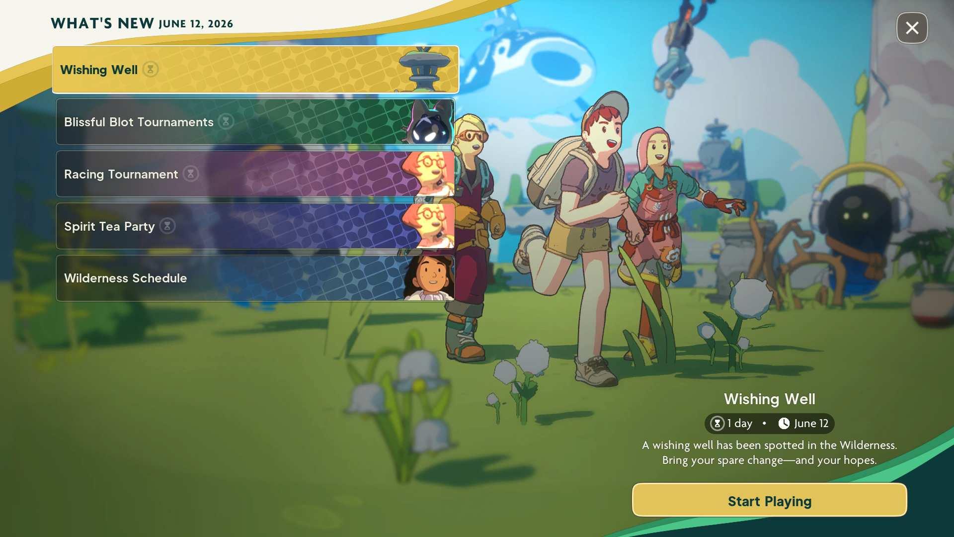 the 'What's New' screen for Spirit Crossing June 12th featuring A Wishing Well, Blot tournament, Racing tournament, Tea party and more