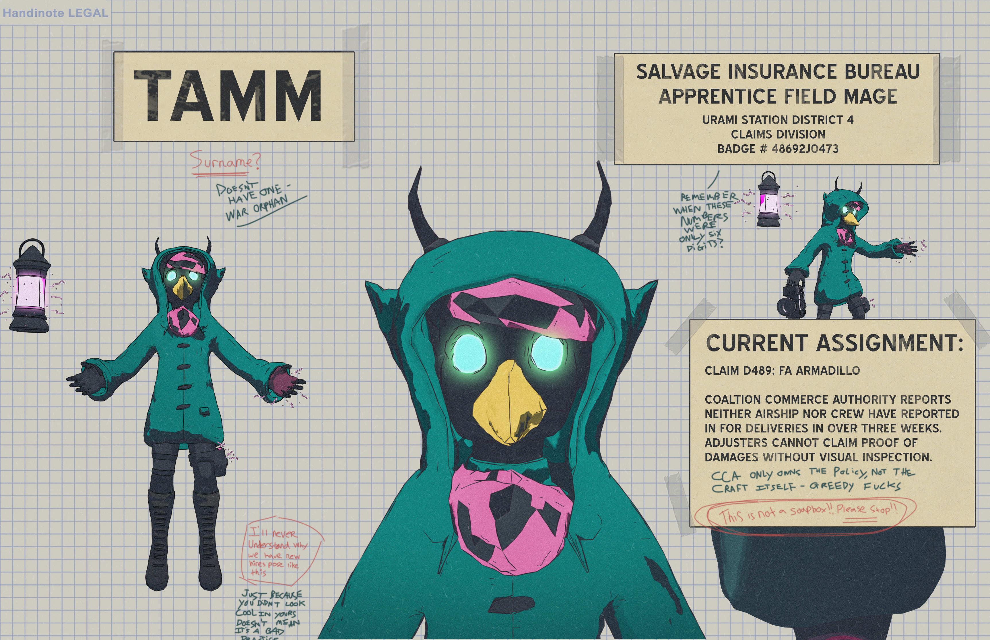 Image of the character Tamm, a bird-beaked glowing eyed creature with antlers