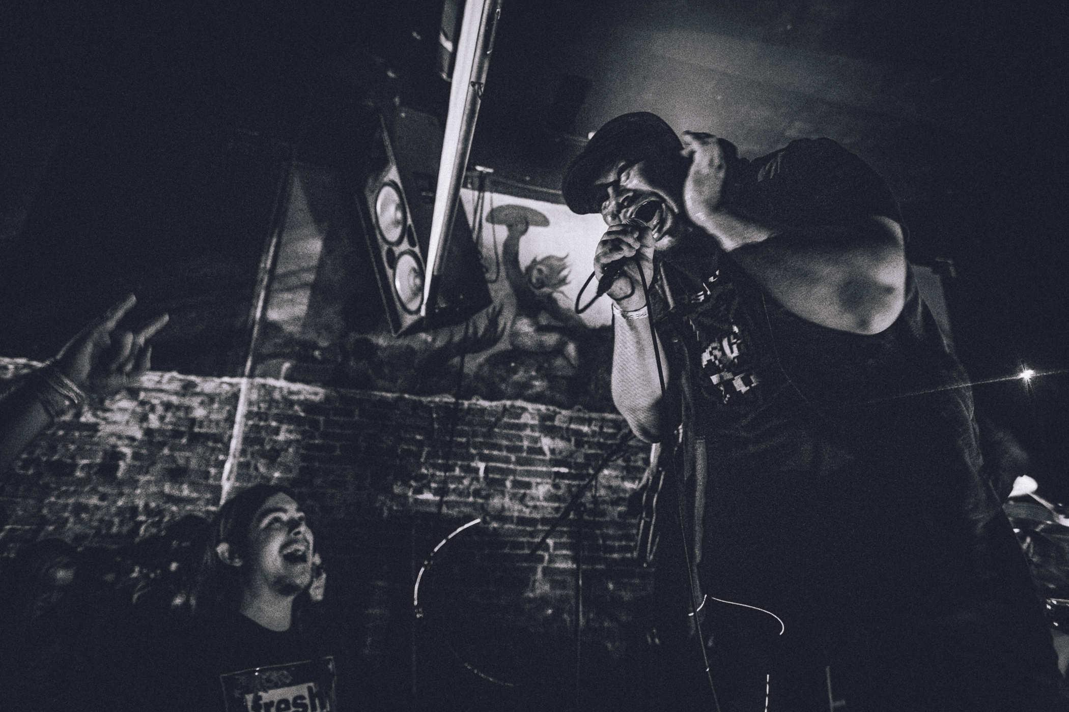 Black and white photo of Mike Ackman of Together We Are Robots belting out his fucking soul on stage; devil horns and people singing along in the crowd are prevalent