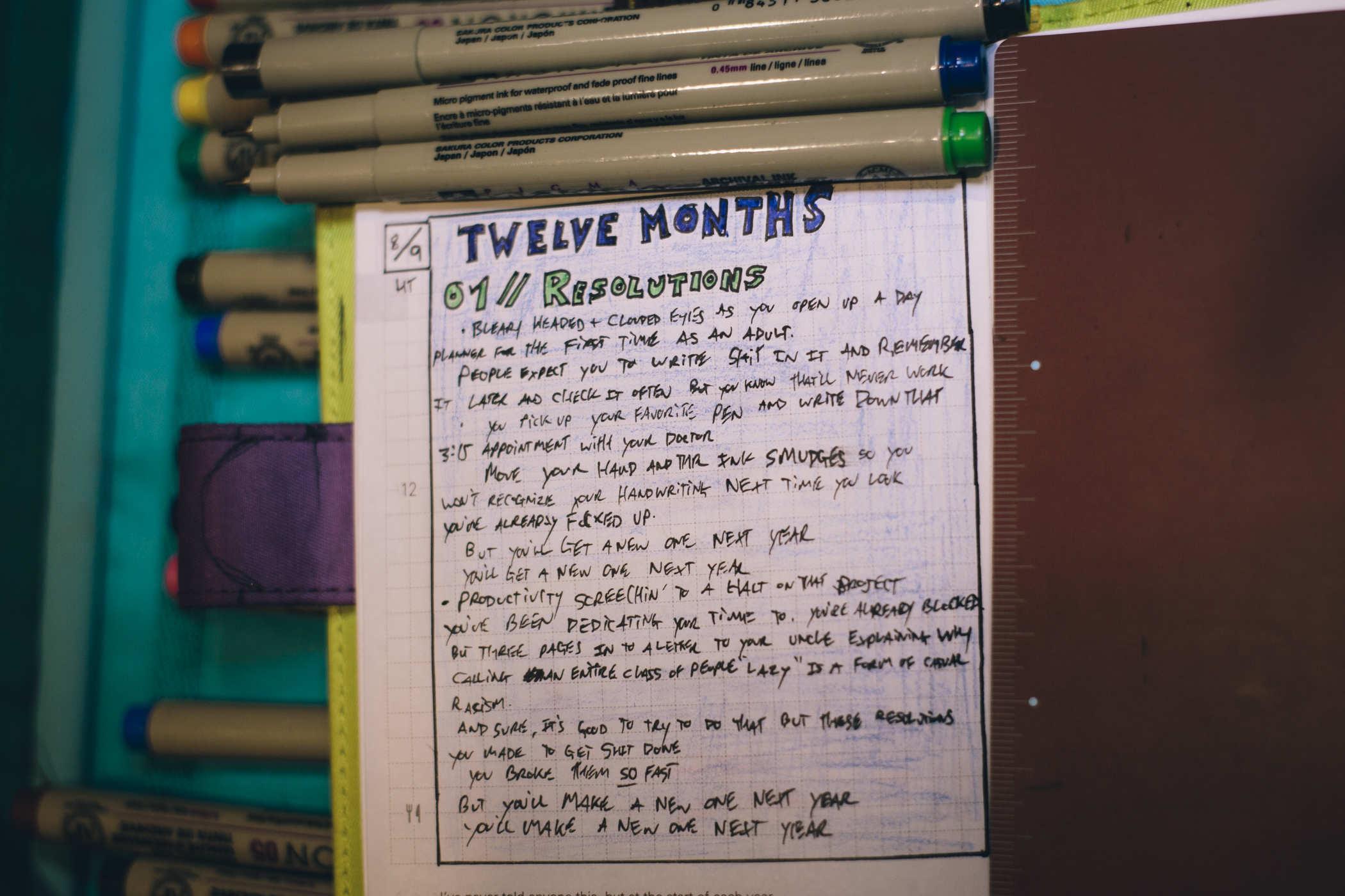 Handwritten lyrics for the song Resolutions - they are too many to fit in alt text but please visit curiousquail.com/twelvemonths for the full lyrics
