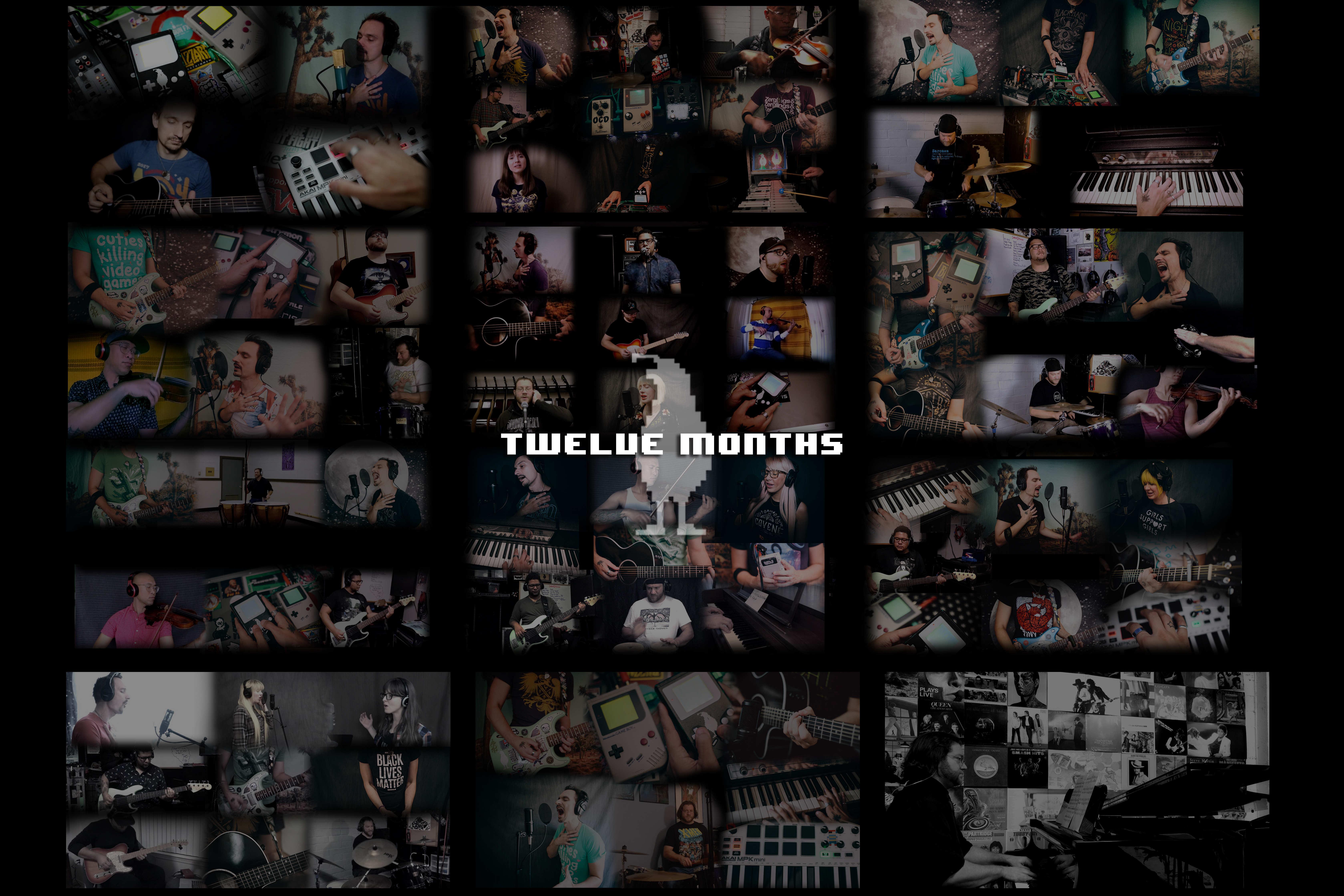 Twelve YouTube thumbnails of musicians set in a 3x3 grid with the words 'Twelve Months' at the center and a pixelated quail