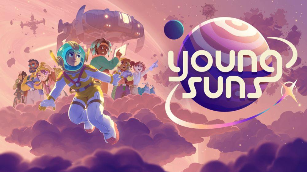Key Art for the new KO_OP game, Young Suns; astronauts above a brightly colored sky
