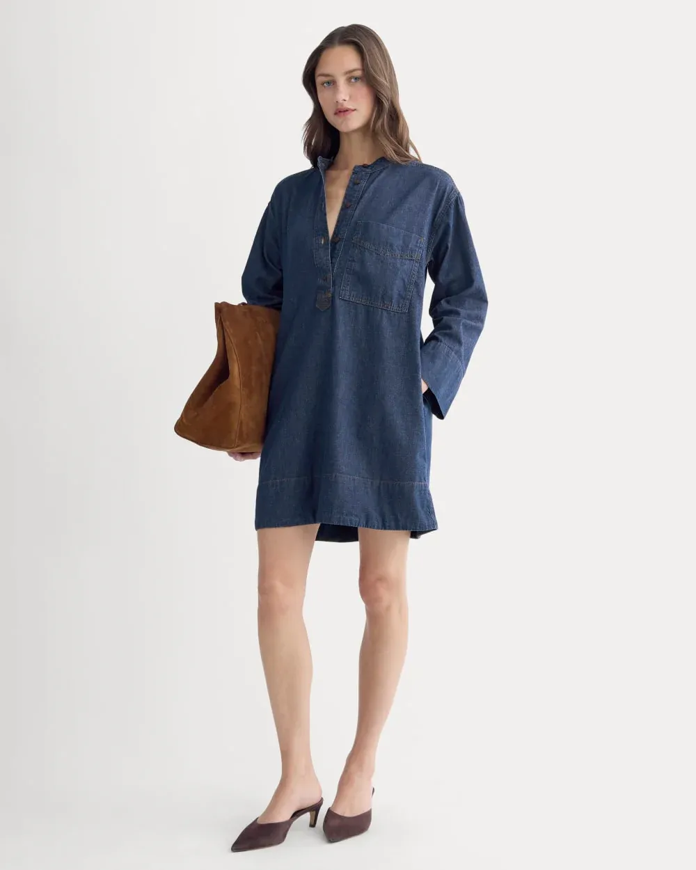 white young woman model wearing a denim mini dress IMG_7117