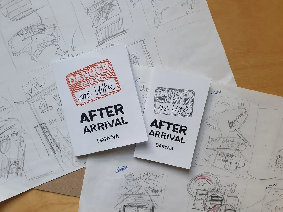 After Arrival zine with the cover in color next to a black and white version