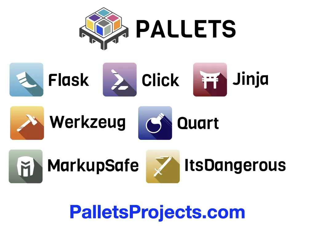 Logos for Pallets, Flask, Jinja, Click, Werkzeug, Quart, ItsDangerous, and MarkupSafe