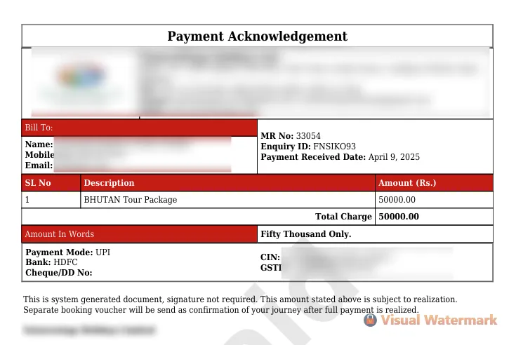 Payment Acknowledgement Invoice
