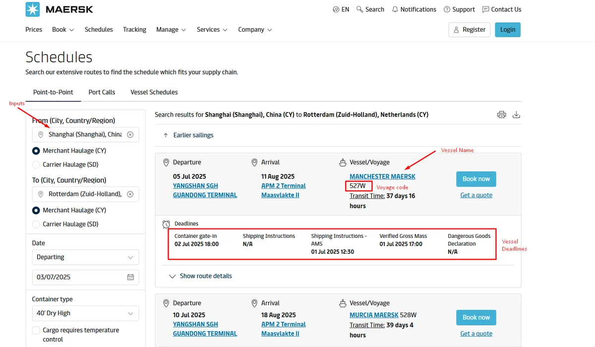 Maersk Portal - Schedule Page