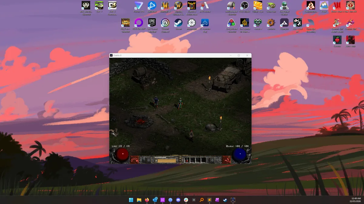 a screenshot of diablo 2 running in an 800x600 window on a modern desktop
