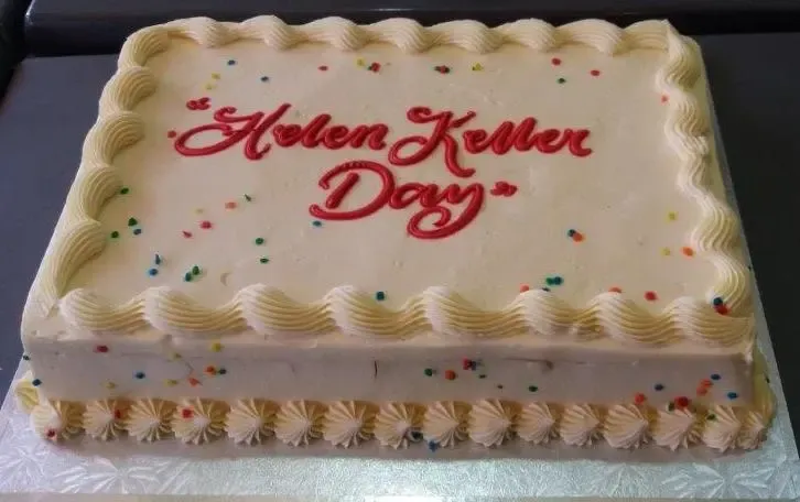 A light pink-coloured cake decorated with icing, sprinkles and the words "Hellen Keller Day" in red icing.