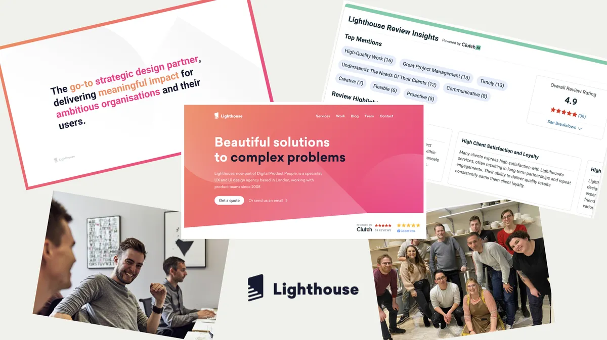 A collage of images made up of the Lighthouse homepage, shots of the team collaborating and screenshots of five star reviews