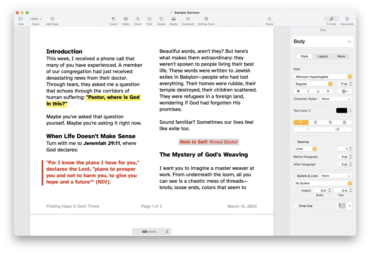 Sermon Writing in Pages