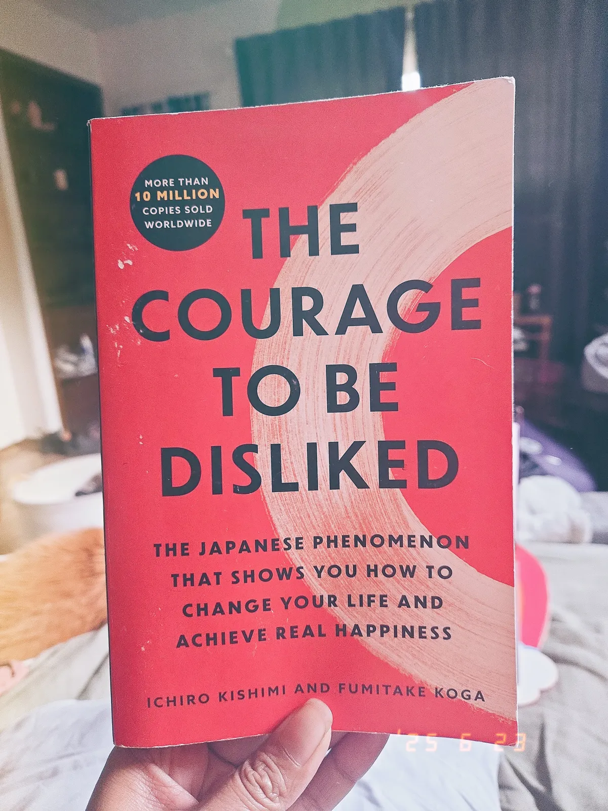 Photo of a book cover that is red with a white brush stroke forming a half circle going off the right edge. The title in black, The Courage to Be Disliked