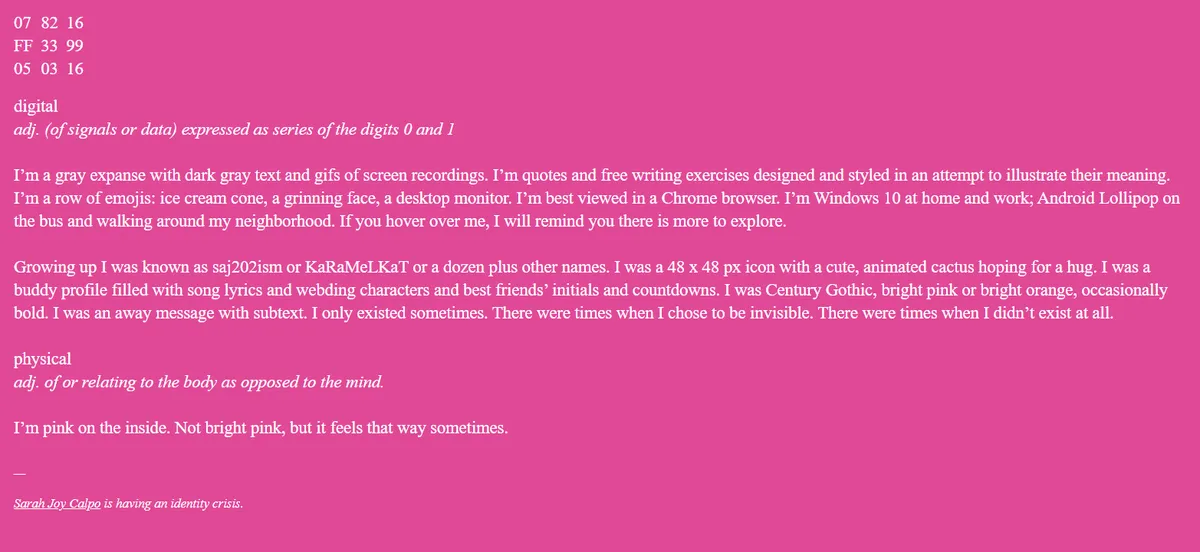 Screenshot of white text against a hot pink background