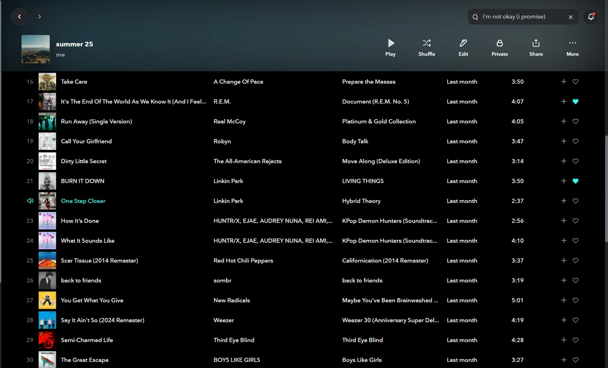 Screenshot of a playlist titled Summber 2025