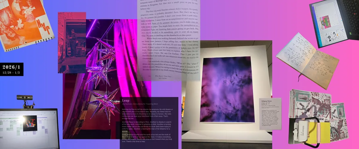 a collage of photographs including a giant purple and blue dreamy photo, a laptop screen showing a screen recording interface, paper calendars in the process of being hole punched and binded