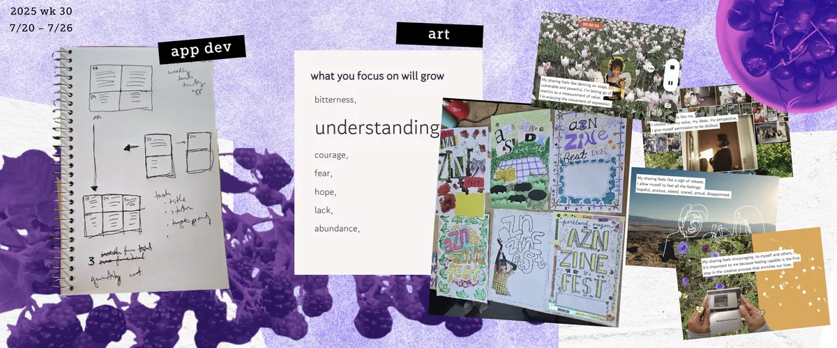 a collage including a notebook with a drawing of app mockups; photos of blackberries, collaged posters, and a screenshot of a poem