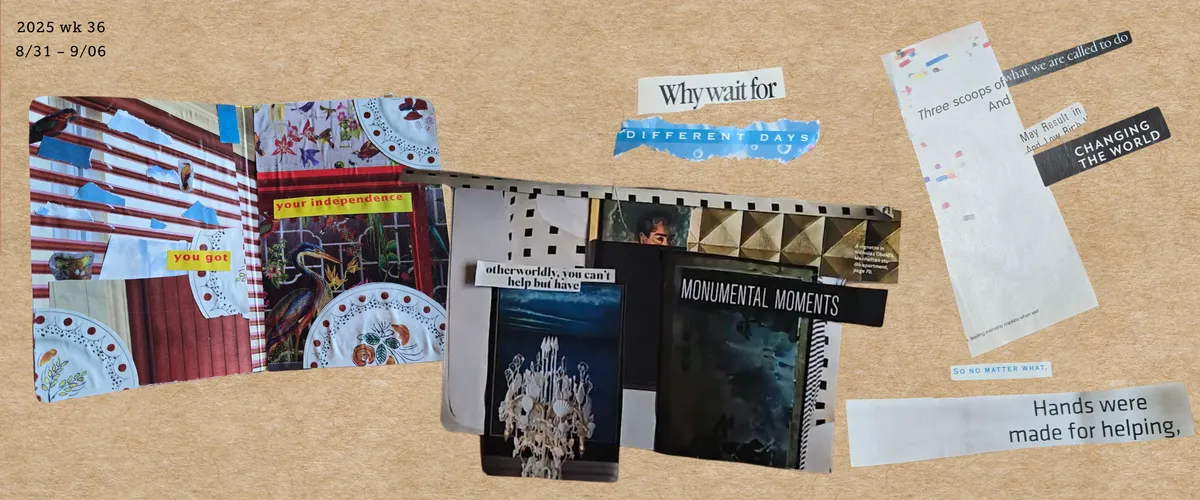 A couple of collage spreads and plans are shown against a background of brown paper.