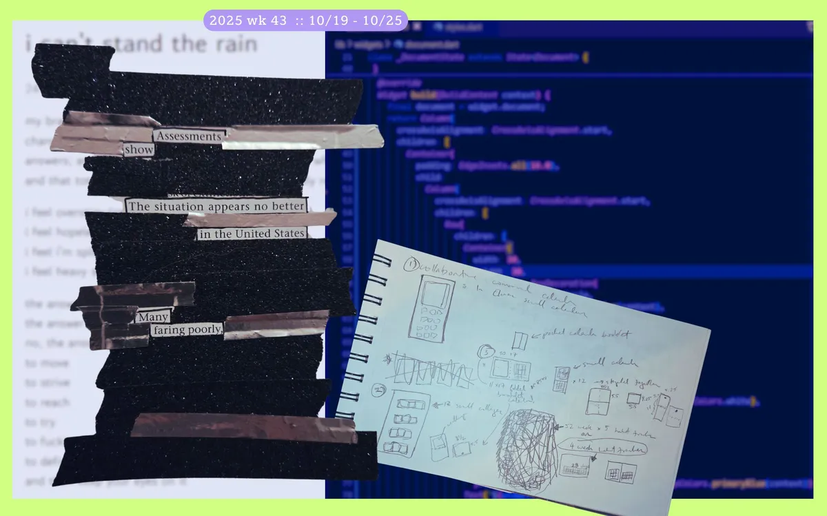 a collage of photos and screenshots of a blackout poem made with glittery washi tape, a blog post, a code editor, and a notebook page with calendar ideas