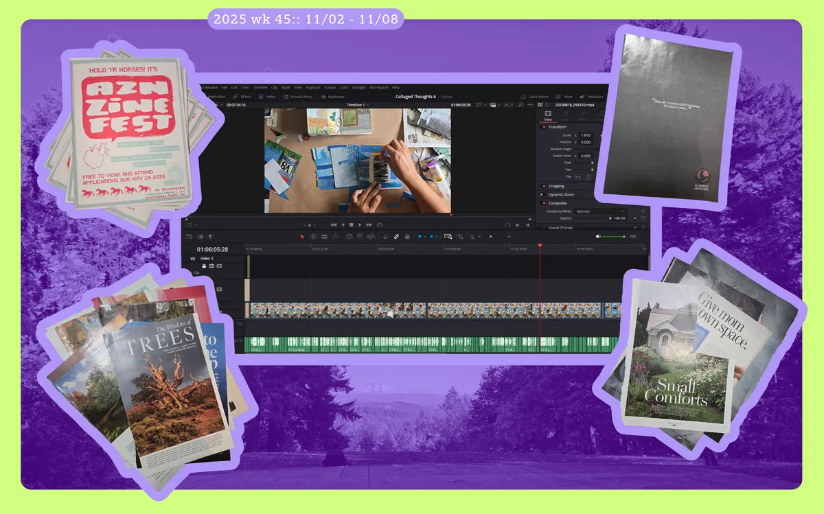 a collage of photos include magazine pages, a purple tinted photo of trees and a mountain in the distance, and a screenshot of a video editor