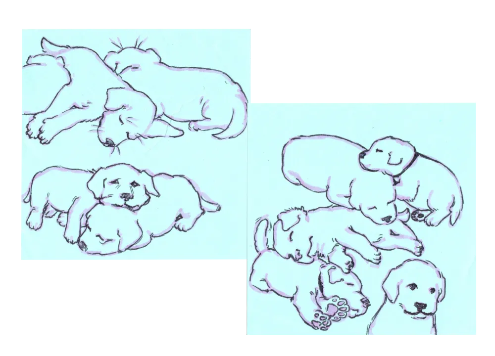 sleeping puppies drawn with pink highlighter and ballpoint pen, on blue sticky notes