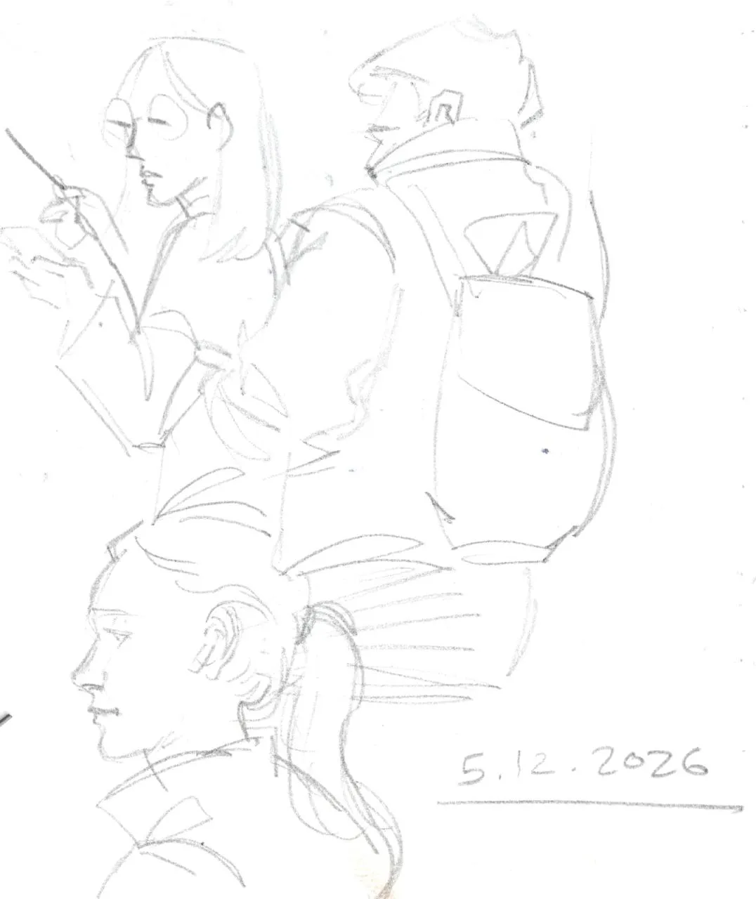 Three quick pencil sketches of people
