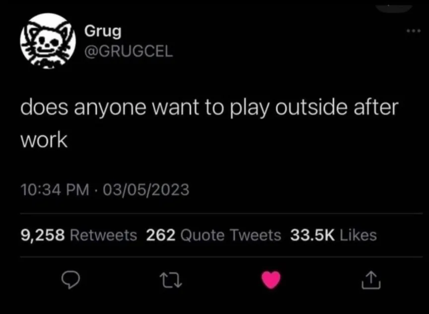 @grugcel: does anyone want to play outside after work?