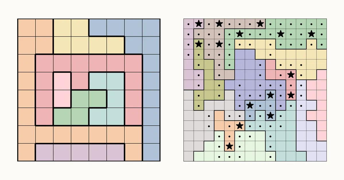 A one-star 8×8 Star Battle grid, like Queens or Meowdoku, beside a three-star 14×14 grid part-solved