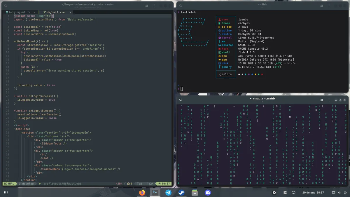 Escritorio GNOME con Evergreen y ventanas abiertas