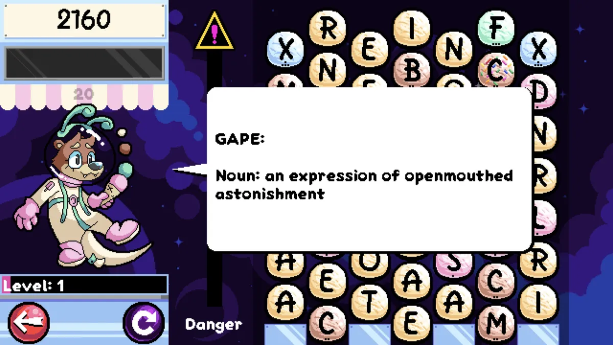 A definition for a played word in WordScoop: Gape: Noun: an expression of openmouthed astonishment