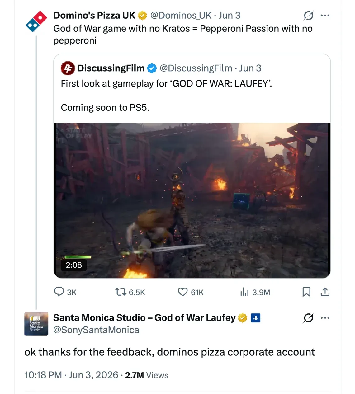 A tweet from Domino’s Pizza UK quoting the gameplay footage of God of War: Laufey. It reads: ‘A God of War game with no Kratos equals Pepperoni Passion with no Pepperoni. Santa Monica Studio responds, ‘okay, thanks for the feedback, dominos pizza corporate account’.