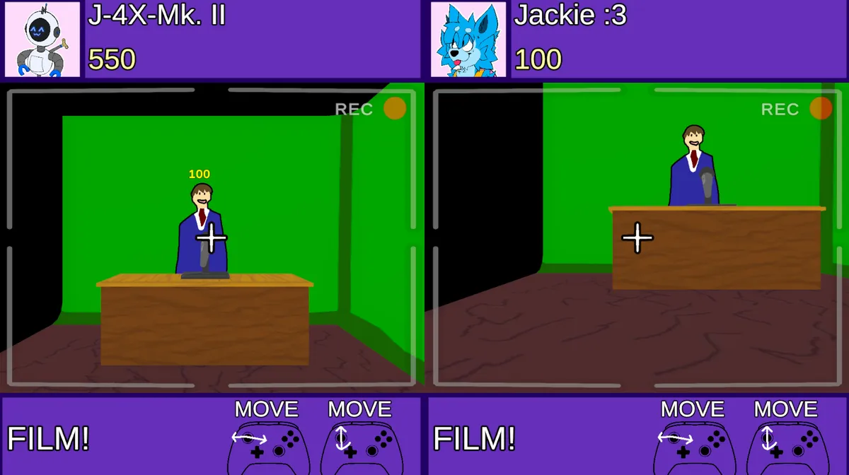 A screenshot of a micro-game in Trade School Party: two players compete to film a newsreader by training a camera on him for points.