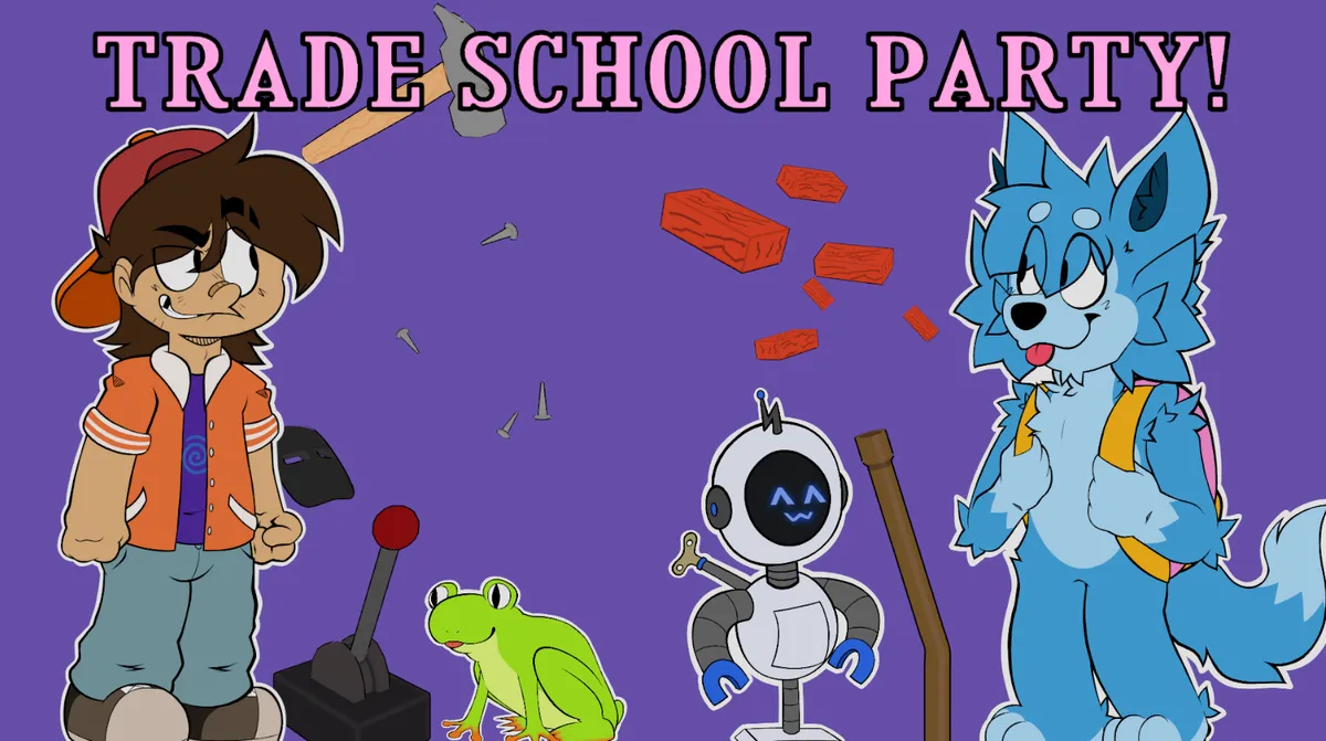 The Trade School Party menu; a frog, hammers, bricks, an anthropomorphic blue dog, a teenager wearing a Sega Dreamcast t-shirt, on a purple background