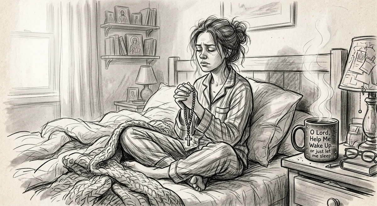 Firefly_Gemini Flash_I would like a pencil-charcoal sketch of someone who is sitting in bed, tired and pra 868658 (1)