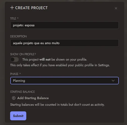 Print mostrando a opção de criar novo projeto no Trackbear, onde você insere título, descrição, fase e balanço inicial
