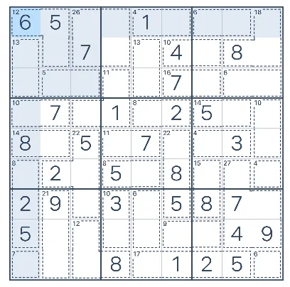 Print de um killer sudoku, onde algumas posições já estão preenchidas com números e outras estão com linhas pontilhadas sinalizando uma soma que deve ser batida.