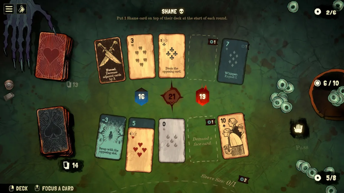 Print in game do jogo black jacket. Na cena vemos uma mesa de black jacket com várias sequências de cartas, nossa e do adversário, distribuídas para fazer a soma de valores. Vemos também moedas com furos no meio e a mão do adversário, que é longa, escura e com garras, indicando ser uma criatura sobrenatural.