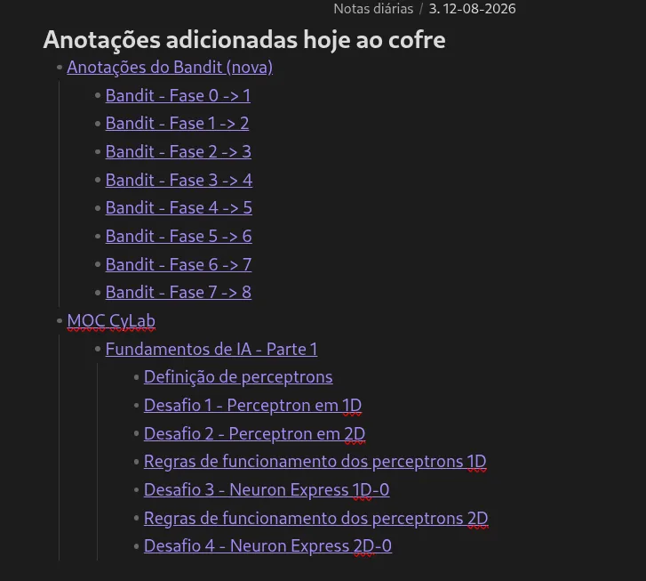 print do Obsidian mostrando uma nota diária. o texto nela diz