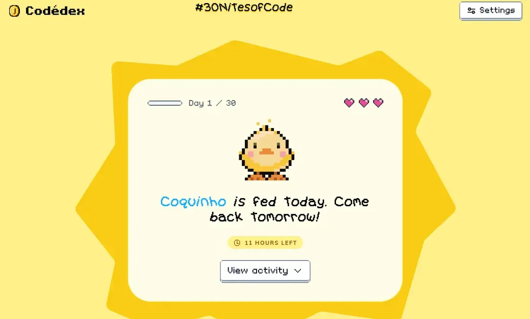 Print de uma tela da Codédex mostrando um pintinho amarelinho em arte de 16-bit.