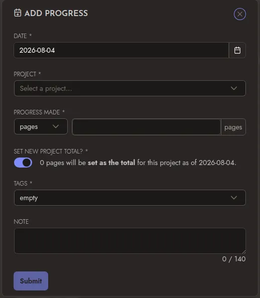 Print da opção de adicionar progresso do Trackbear. Ela mostra as opções de data, projeto, progresso feito, colocar como total do projeto?, tags e nota.