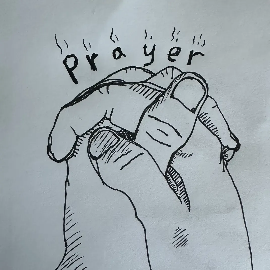 A white piece of paper with a hand-drawn in ink picture of praying hands. The hands are interlocked like you see in the beginning of 'here is the church, here is the steeple' game that christian kids play with their hands. Above the hands are the words 'prayer' with stink lines coming up from the letters.