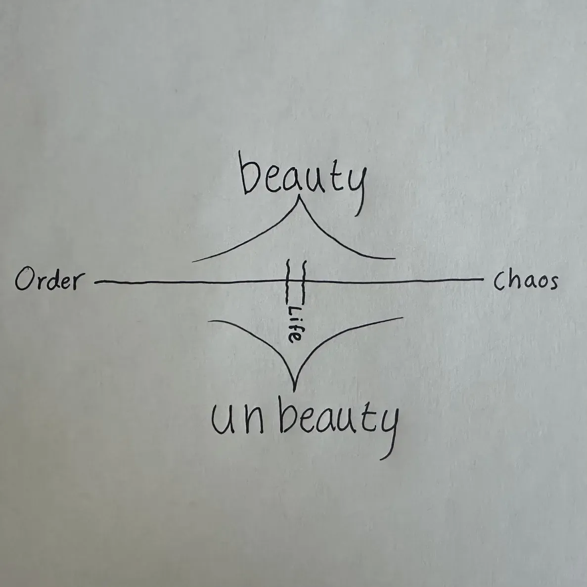 hand drawn picture of a diagram. there is a line running across the middle with 'order' on the left and 'chaos' on the right. in the middle of the spectrum is a small squiggly line section titled 'life'. above the spectrum is the word 'beauty' with lines extending to both order and chaos. below the spectrum is the work 'un beauty' also with lines extending to order and chaos.