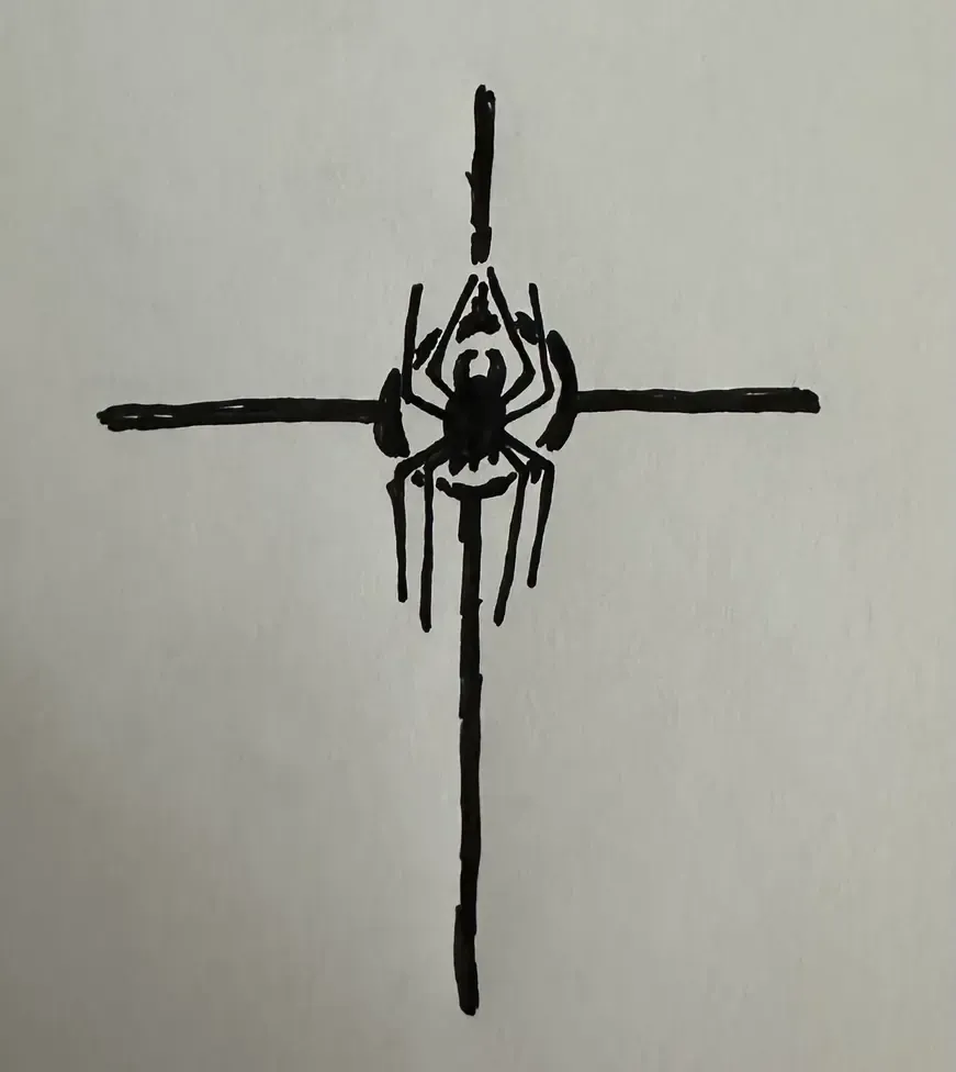 hand drawn image on white paper. a spider sits in the center of a circle that has a cross shape coming out of it. it's definitely got a creepy vibe to it.