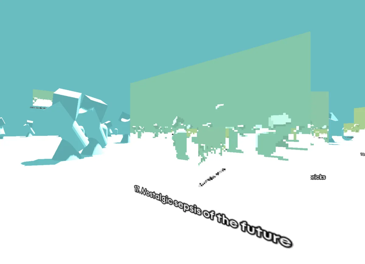 A still from "Spaces are Moments" with "Nostalgic sepsis of the future" in sight.