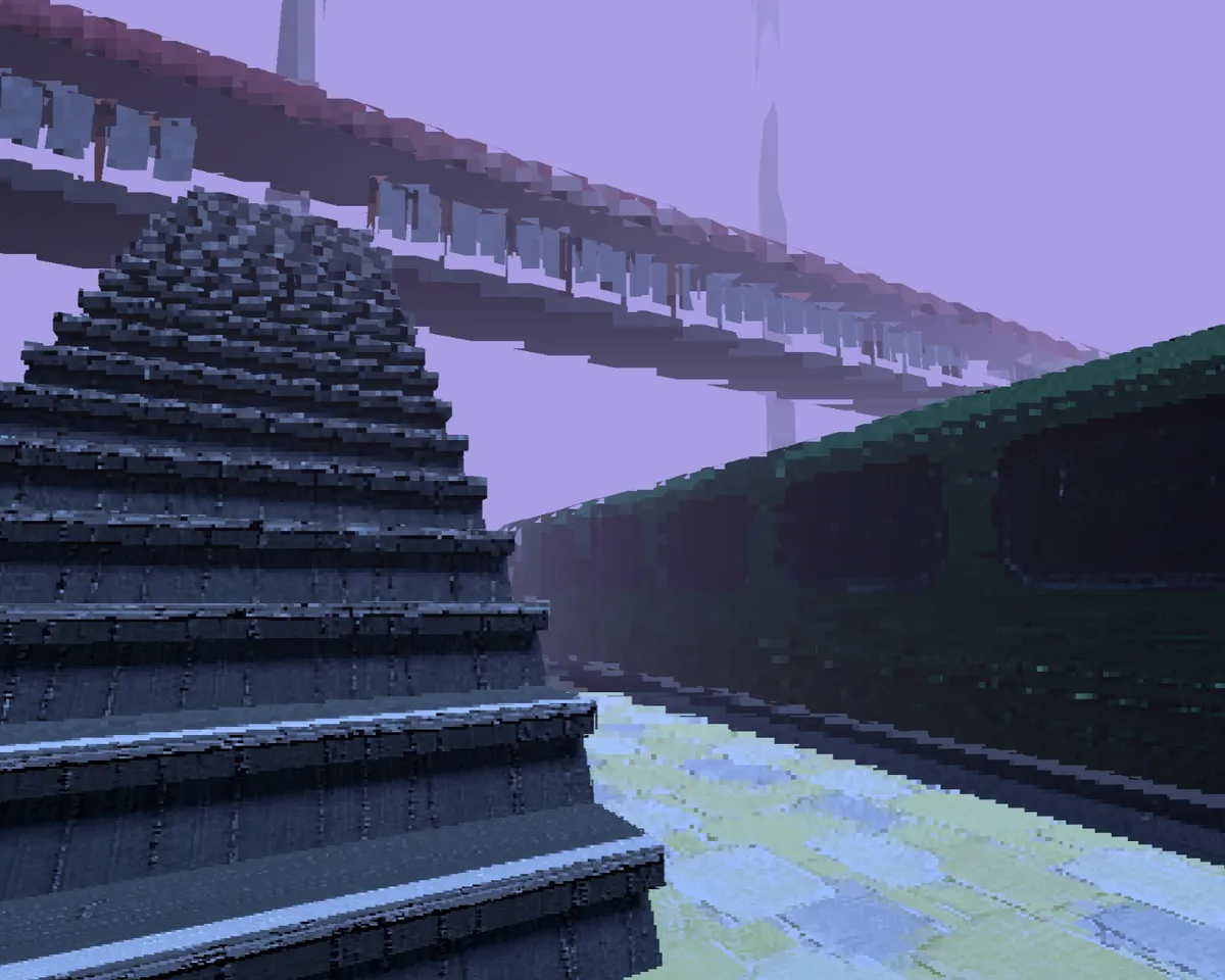 A still from "shortly departing from" showing the distance pixelation effect on the stairs up to a bridge across the platforms