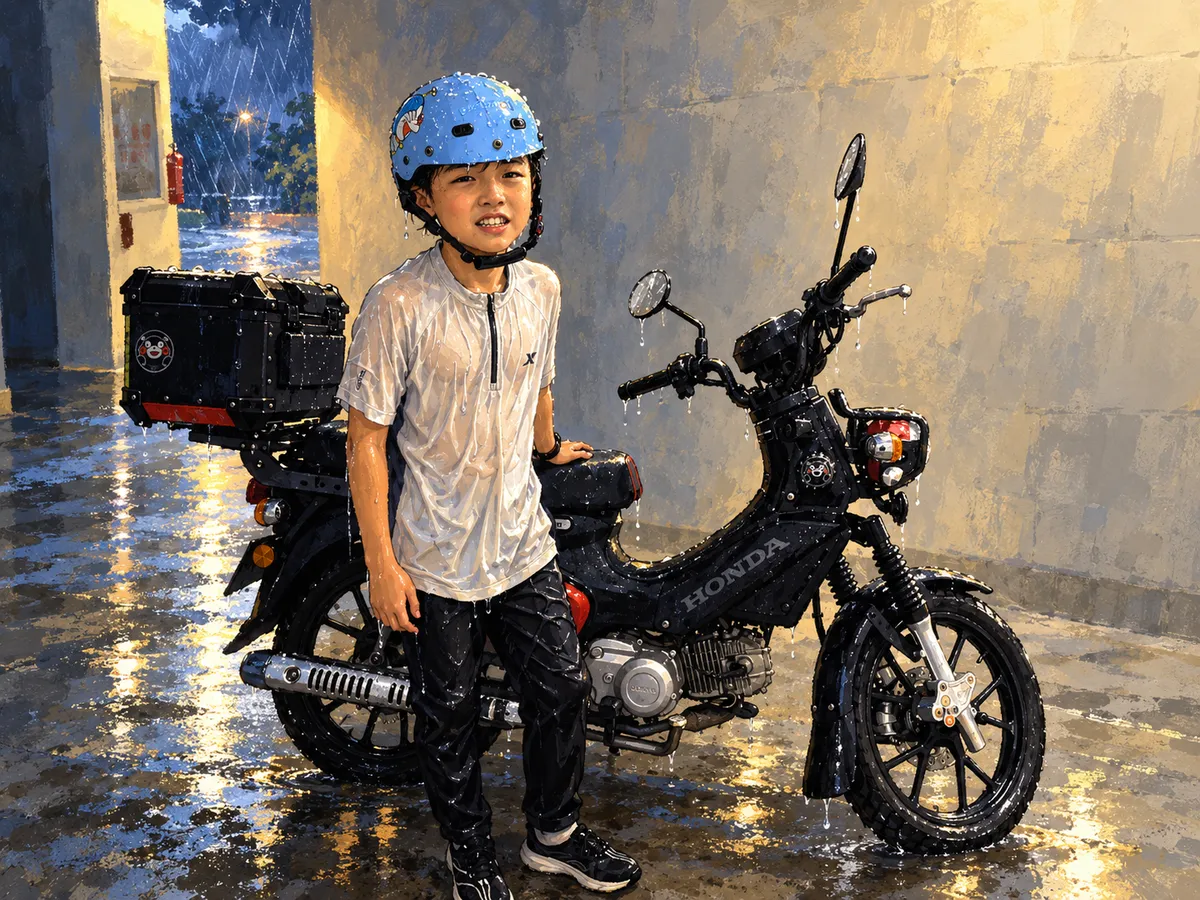 雨后,儿子站在摩托车旁