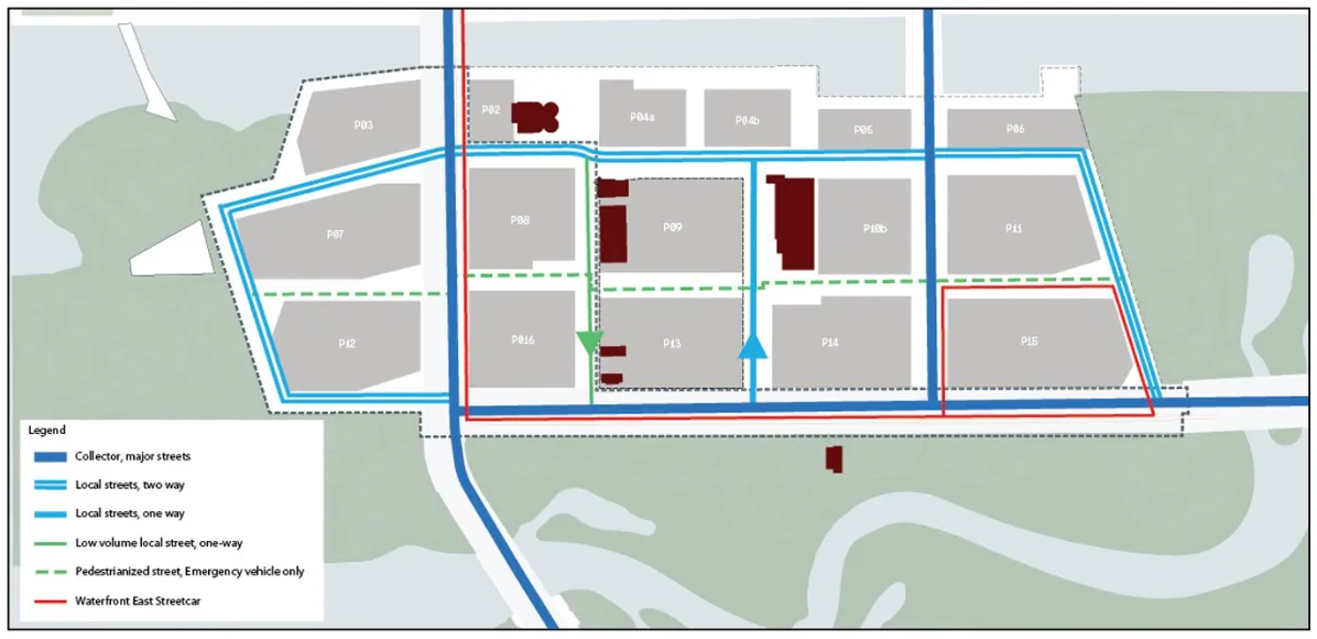 A slide from the presentation, which is a map of the street network and hierarchy. Cherry St and Commissioners St are