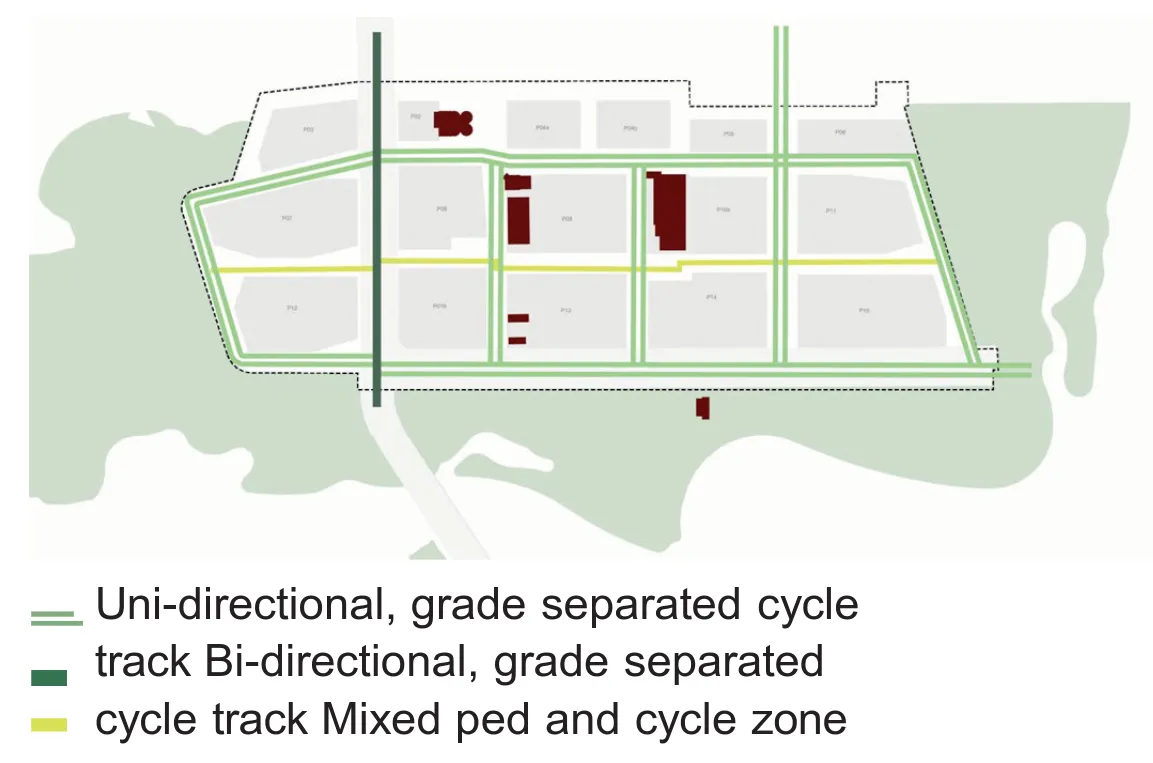 A slide from the presentation, which is a map of the cycling network. Cherry St has a bidirectional, grade separated cycle track. Centre Commons is a pedestrian and cycle zone. All other streets have uni-directional, grade separated cycle tracks on both sides.
