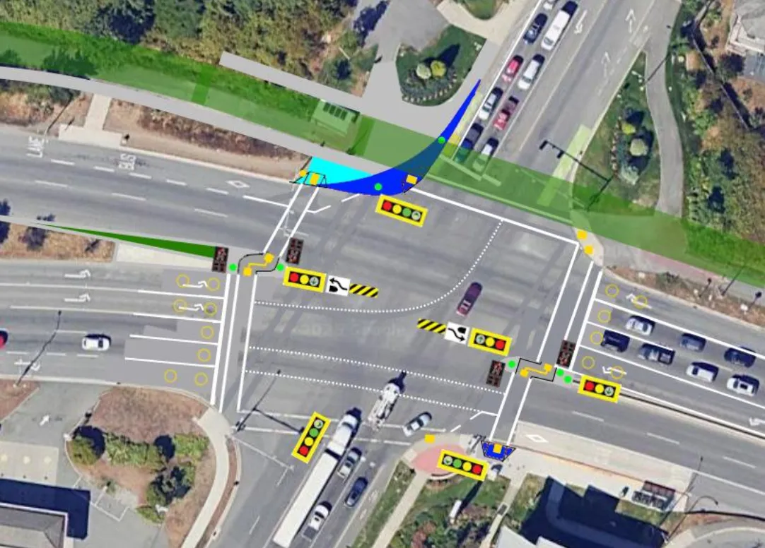 An incomplete concept drawing of Tillicum and Hwy 1, showing the aforementioned traffic signal heads, and improved crosswalks across Hwy 1 with a center median refuge that split this movement into 2 signals. If it wasn't made clear before, these signals are designed to let pedestrians cross the entire road in one go, and limit the chances of a situation where a pedestrian has to wait in the median.