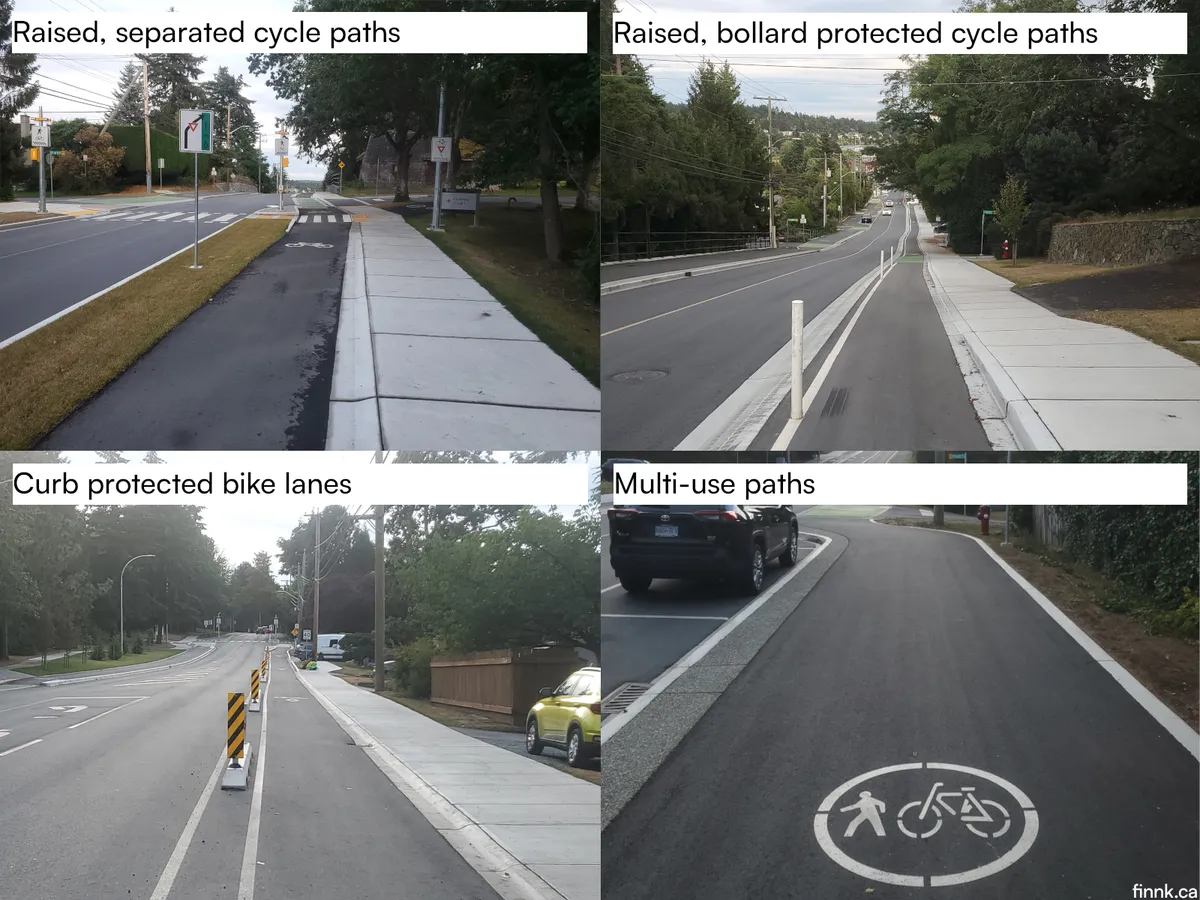 A collage of 4 images showing the 4 types of cycling space present. 1. Raised, separated cycle paths. 2. Raised, bollard protected cycle paths. 3. Curb protected bike lanes. 4. Multi use paths.