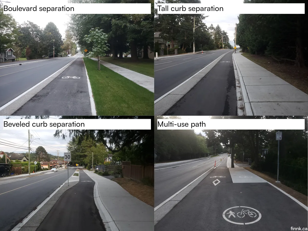 A collage of 4 images showing the 4 types of separation between bikes and pedestrians. 1. Boulevard separation. 2. Tall curb separation. 3. Beveled curb separation. 4. Multi-use path.